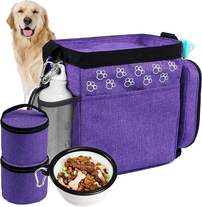 Dog Travel Bag with Treat Pouch, Airline Approved Dog Bags for Traveling, 2 Dog Food Travel Container, 2 Travel Bowls, Weekend Dog Travel Bag for Supplies, Dog Travel Kit Accessories-PurrikoPets