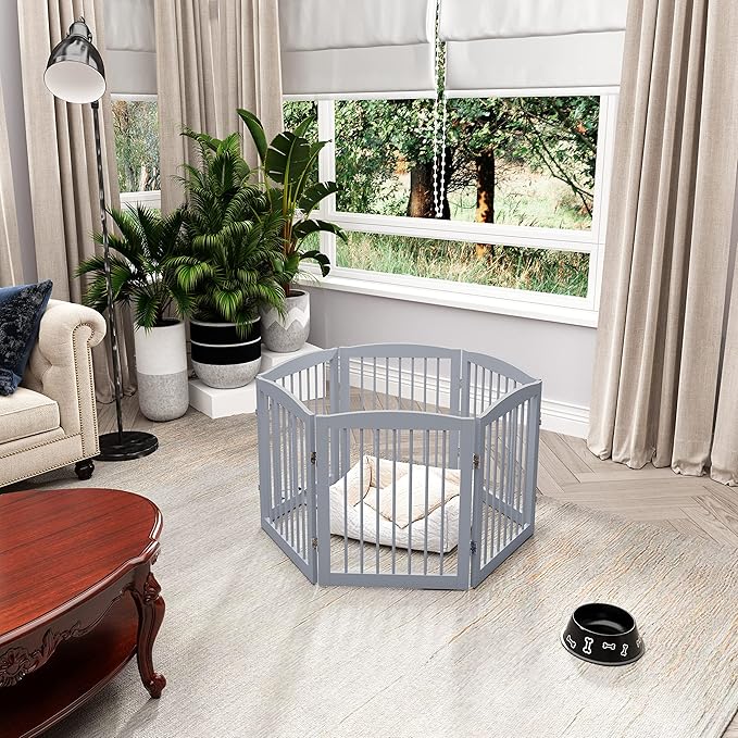 Freestanding Pet Gate for Dogs, Foldable Wooden Dog Gate for House, Extra Wide Indoor Pet Barrier for Stair, Doorway, Hall, Support Feet Included, 120 Inch Wide, 6 Panels 24", Grey-PurrikoPets