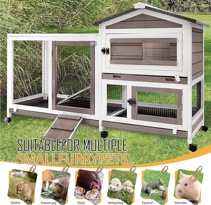57" L Rabbit Hutch Indoor Outdoor 2 Story Large Bunny Hutch with Run Guinea Pig Cage Wooden Rabbit Cage with Removable 3 Pull Out Trays Pet House for Small-Medium Animals-PurrikoPets