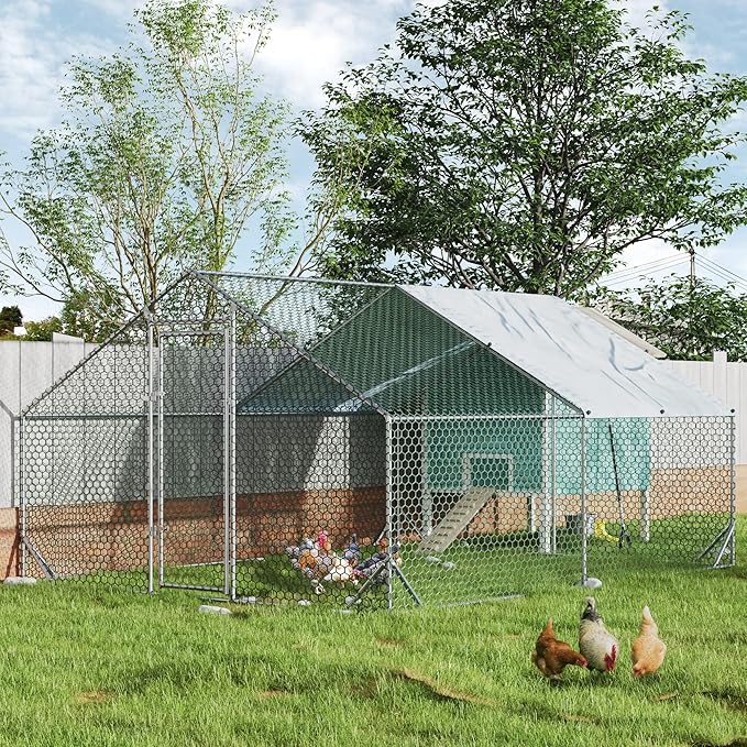 4ever2buy Large Metal Chicken Coop with Run Walk-in Poultry Cage Chicken Runs House Pen Cage Spire Roofed Chicken Coops with Anti-Ultraviolet Cover for Outdoor Yard Farm Use 9.8’L x 13.1’W x 6.4’H-PurrikoPets