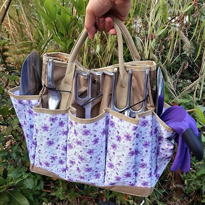 41-Piece Premium Gardening Tool Set, Stainless Steel Heavy Duty Gardening Tool Kit, with Non-Slip Rubber Grip, Storage Tote Bag, Outdoor Hand Tools, Ideal Gardening Gifts for All (Purple Floral)-PurrikoPets